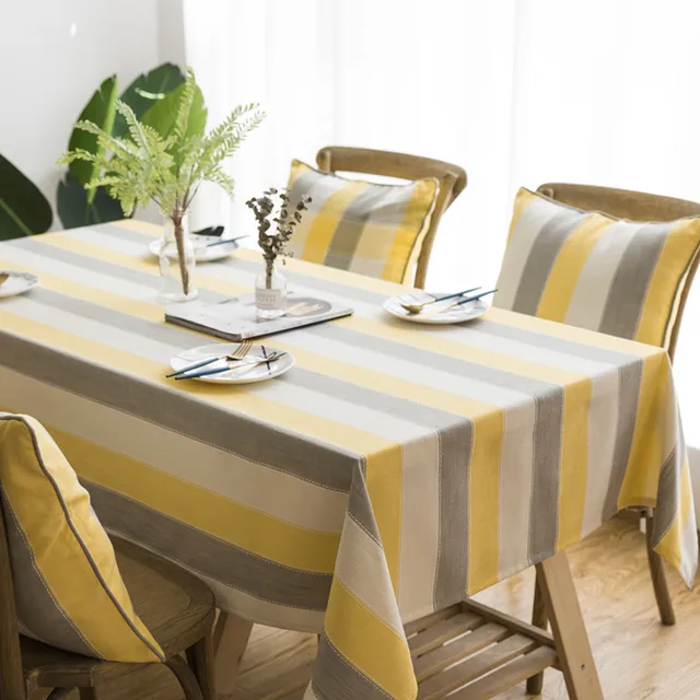 Modern Simple Gray Yellow Stripes Cotton Linen Table Cloth Waterproof Dining Tablecloth The