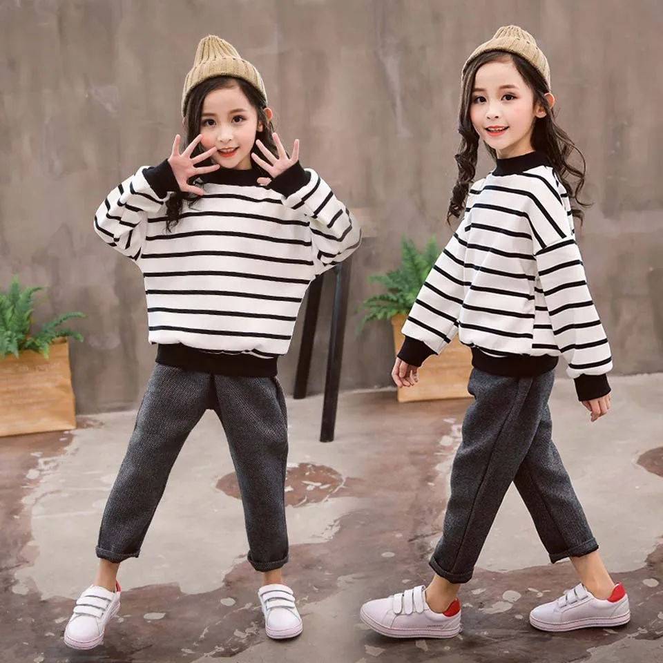 

Girl Clothes Sets Autumn Two-Piece Kids Girls Sets Sweet Girls Clothing Cotton Long Sleeve Stripe T-Shirt+Solid Pants Set
