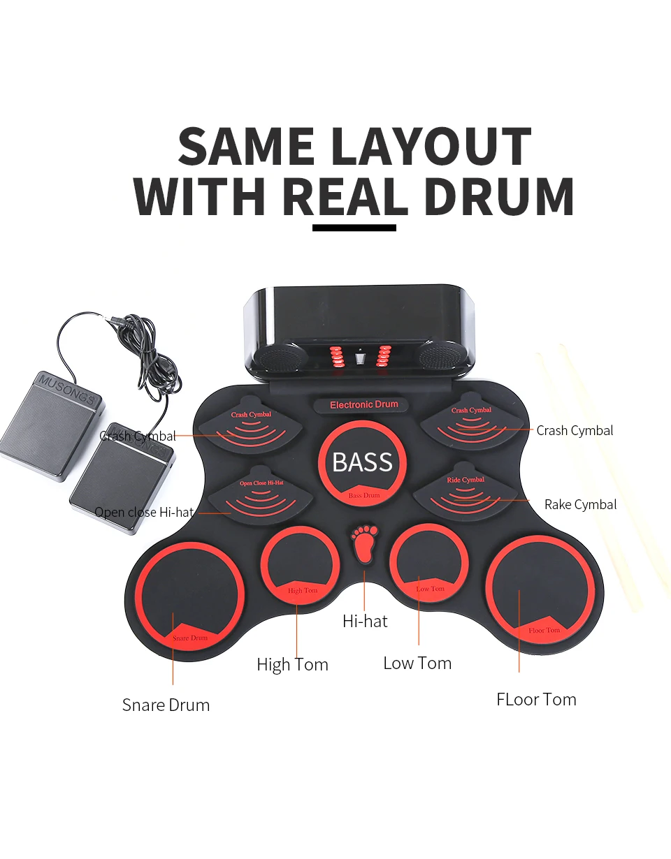  9 point Silicon drum Pads Portable Electronic Roll Up Drum Set With Sticks Foot Pedals For Kids Adu