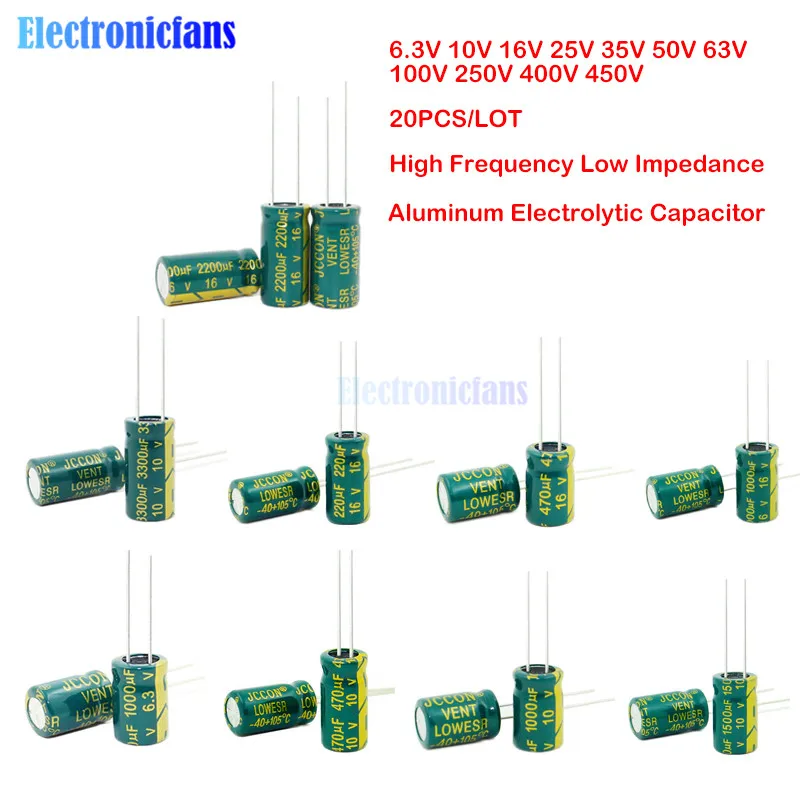 20 шт 6,3 V 10V 16 V, алюминиевая крышка, 25В 35В с алюминиевой крышкой, 50В, алюминиевая крышка, 63В 100V 250V 400V 450V Алюминий электролитический конденсатор с алюминиевой крышкой, 47(Европа) мкФ 100 мкФ 220 мкФ 330 мкФ 470 мкФ 680 мкФ 1000 мкФ