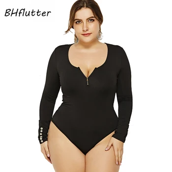 

BHflutter 4XL 5XL 6XL Plus Size Jumpsuit for Women Solid Sexy Zipper Autumn Winter Bodysuits Bodycon Casual Overalls Mujer Femme