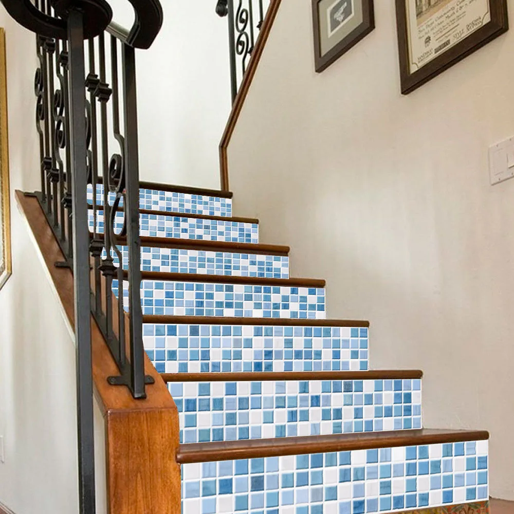 6 unids/set 18 cm x 100 cm azul y blanco mosaico retro escaleras decoración 3D arte pegatinas de pared decoración para el hogar mural lt026