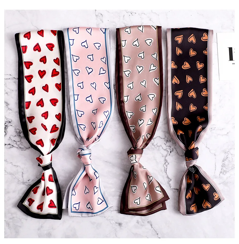 

2019 Autumn Trendy New Skinny Scarf Heart Dots Pirnting Faux Silk Scarf Women Wristband Headbands Accessories