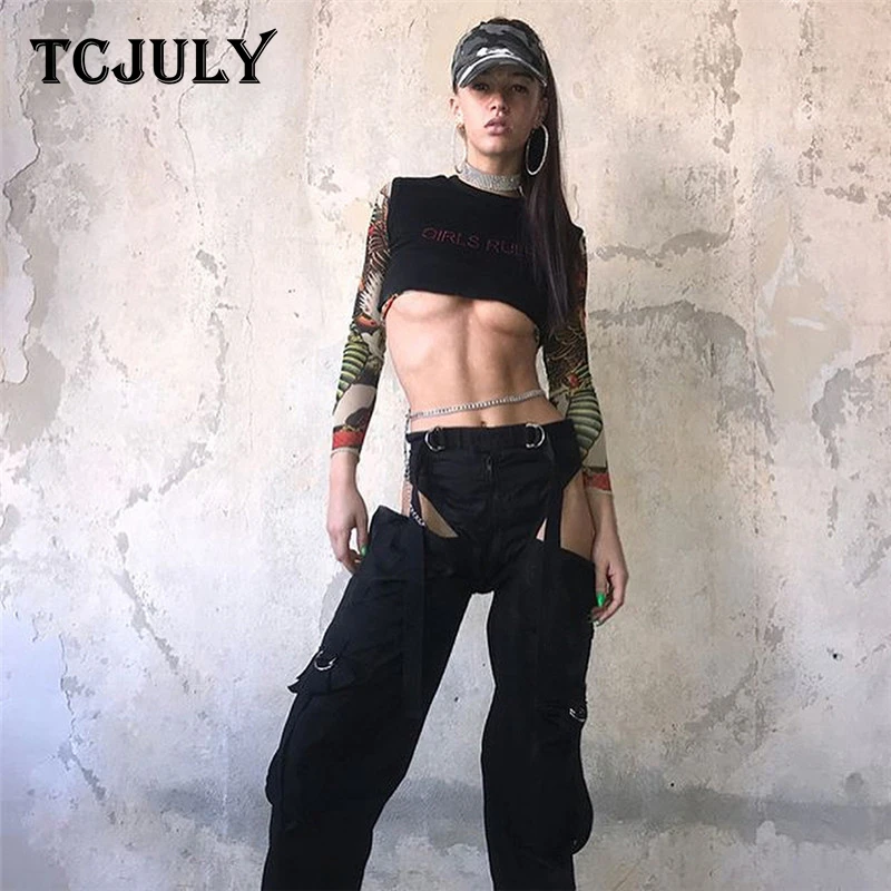 TCJULY новый дизайн стильные штаны в стиле хип хоп женские открытые черные брюки с