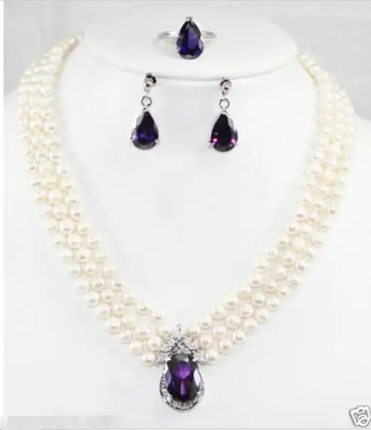 

Hot sale new Style >>>>Beautiful white freshwater pearl necklace purple crystal earrings ring set