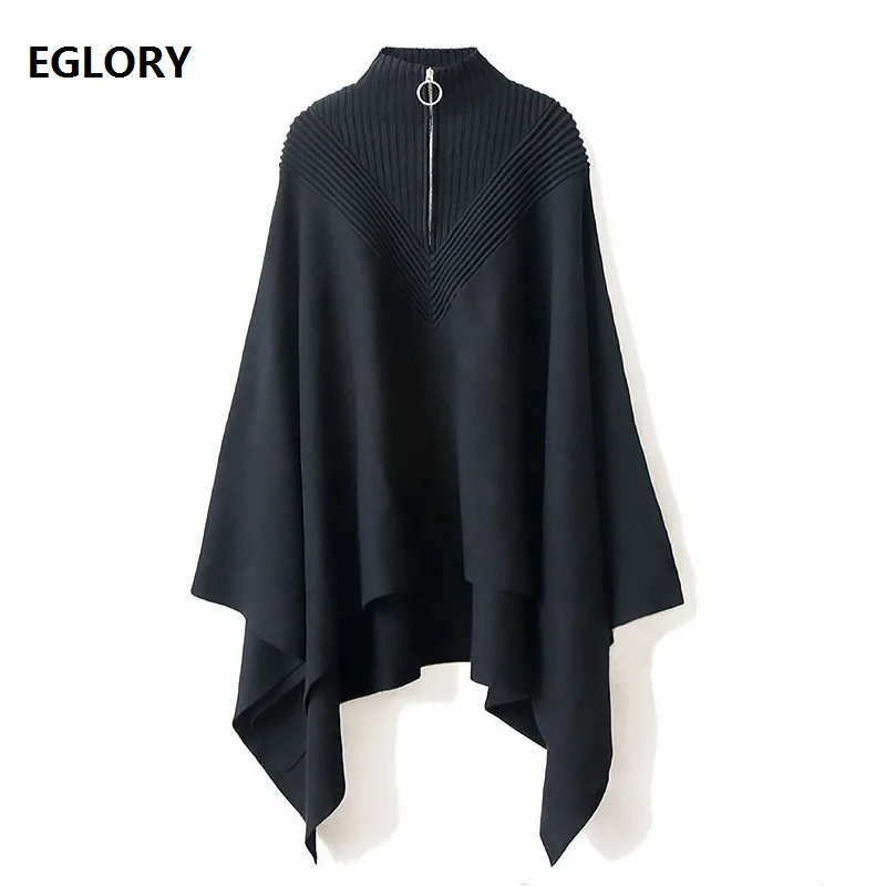 

Batwing Sweaters 2018 Autumn Winter Long Pullovers Women Turtleneck Front Zip Style Casual Plus Size Coat Cape Poncho Outerwear