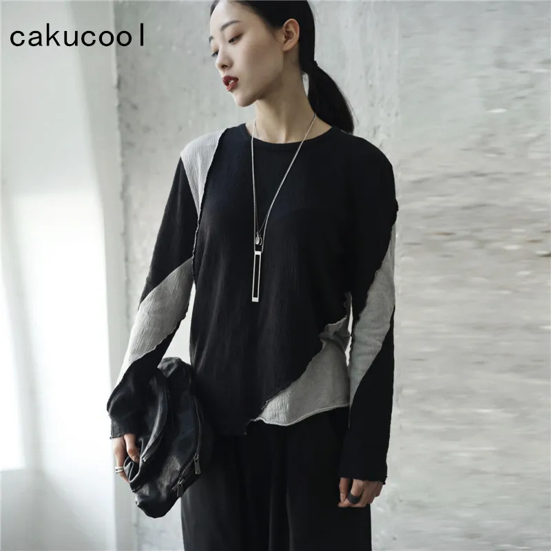 

Cakucool New Harajuku tshirt Women Long Sleeve Spring Color Patch Casual Tee Shirt Ripped Novelty Design T Shirt Tops Female