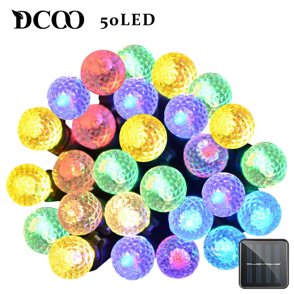 Dcoo Солнечный Гирлянды светодиодные огни 8 режимов 50leds мяч Наружное Освещение Сад