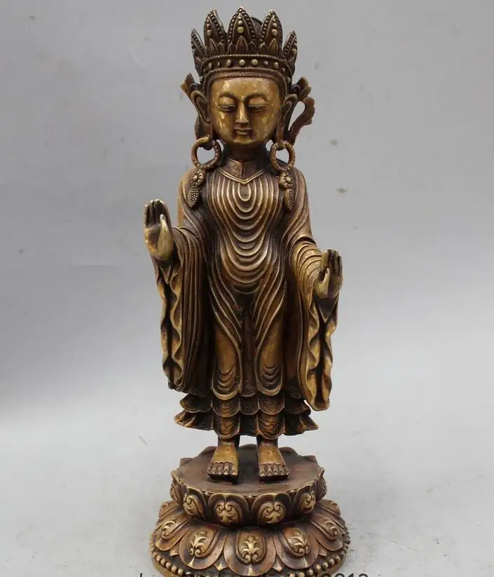12" Old Tibet Pure Buddhism Stand Guanyin Kwan yin Boddhisattva Statuein Statues & Sculptures