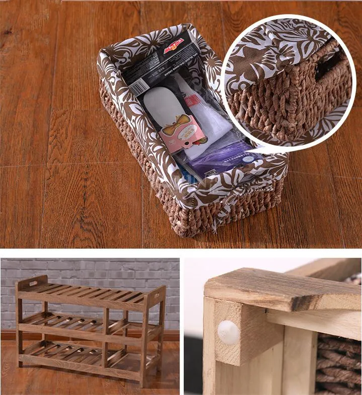 Wooden Shoe Rack With Two Storage Basket Paulownia Solid Wood Bench Living Room Furniture Japanese Style Shoe Bench Shelf Rack