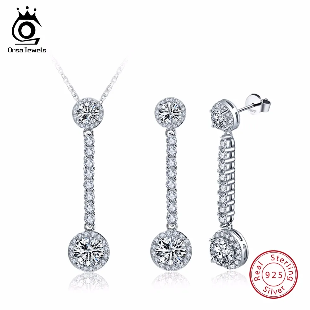 

ORSA JEWELS Real Sterling Silver 925 Women Necklace&Earrings Sets Long Style AAA Cubic Zircon Female Trendy Party Jewelry SS15