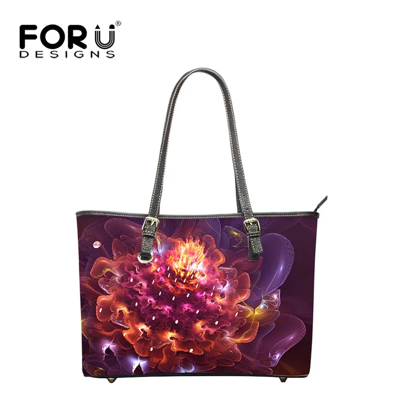 

FORUDESIGNS Fashion Flower Print Women PU Leather Handbags Purple Brands Ladies Large Woman Tote Beach Bag Shoulder Bags