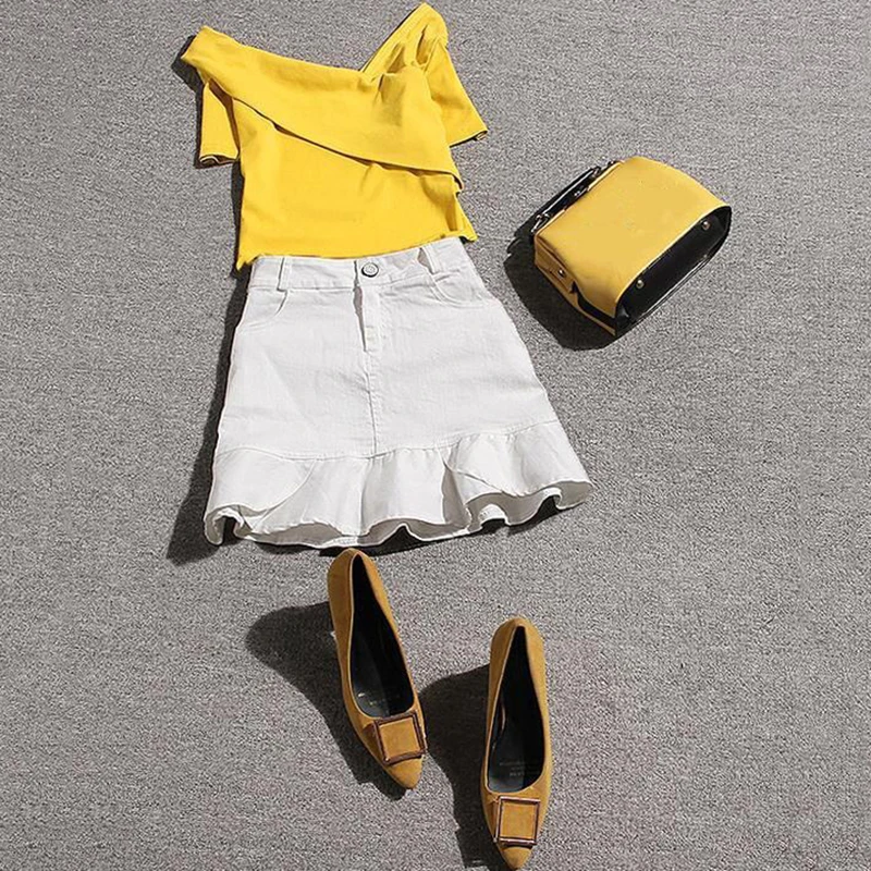 

2019 New Summer Women V Neck Sweet Ruffles Solid Shirts+A Line High Waist Mermaid Skirt Suit Female Casual Streetwear Sets Z280
