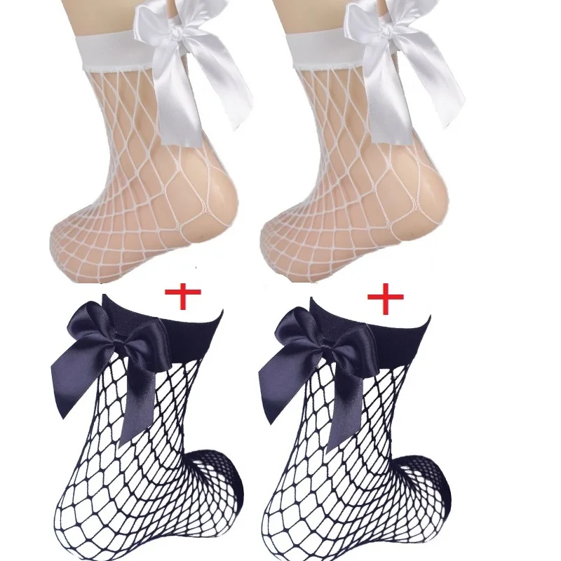 2 Pairs Chic Women's Harajuku Breathable White Bow knot Fishnet Socks.Sexy Hollow out Mesh Nets Socks Ladies Girl's Lolita Style Bow Sox7