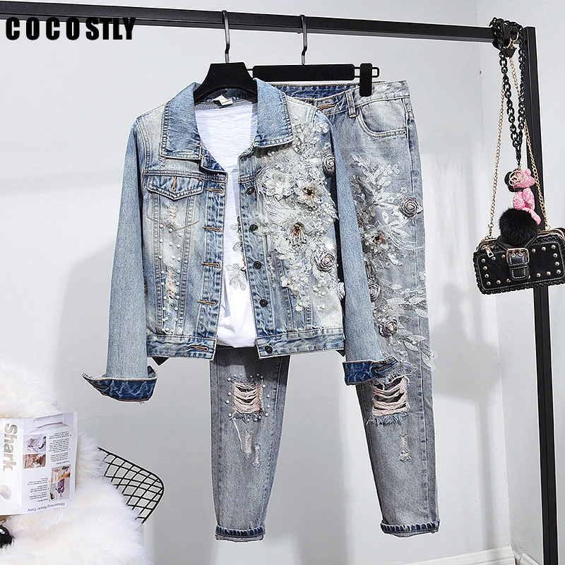 

Women suits cowboy Heavy embroidery beading Woman Denim suit trend holes coat jeans 2 piece set women suit S-2XL