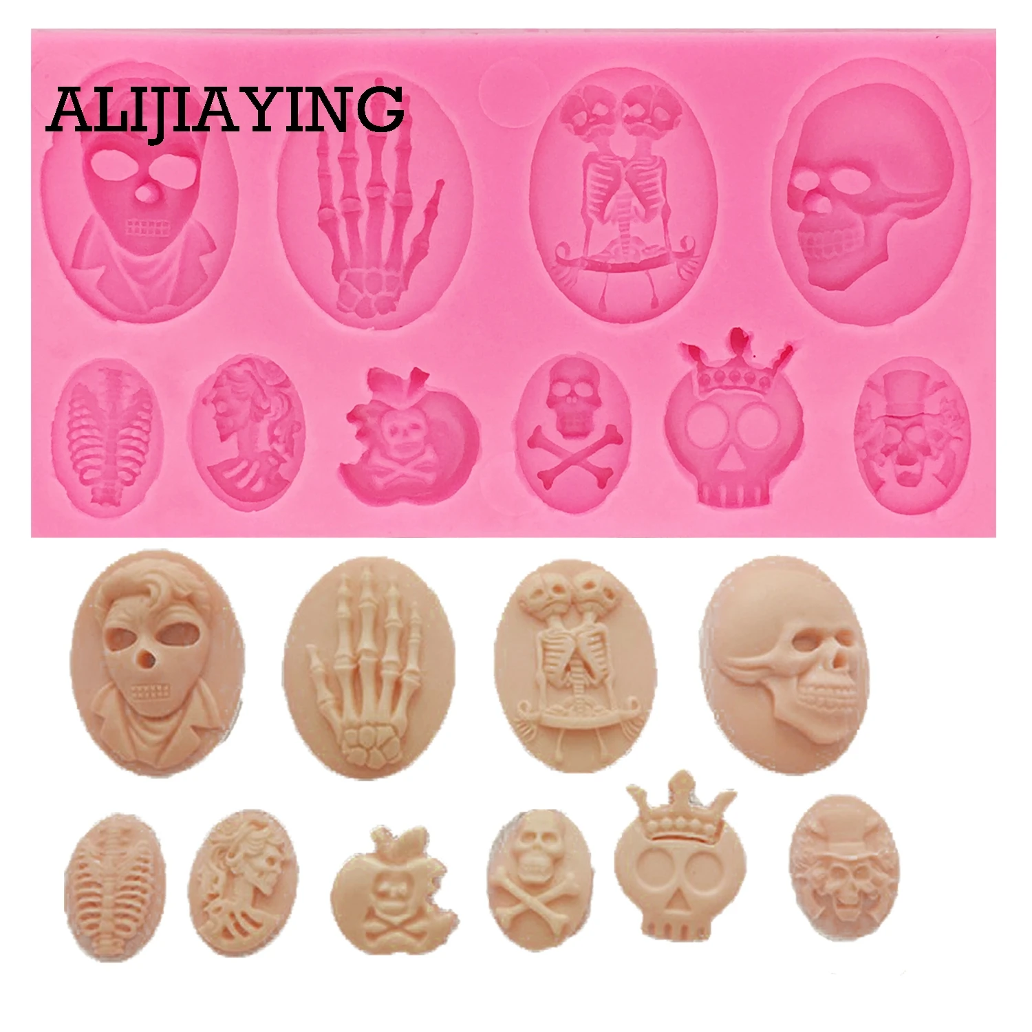 

M0605 1Pcs 3D Skull Head Silicone Home Party Fondant Cake Mold Hand skeleton Chocolate Halloween Party DIY Tools