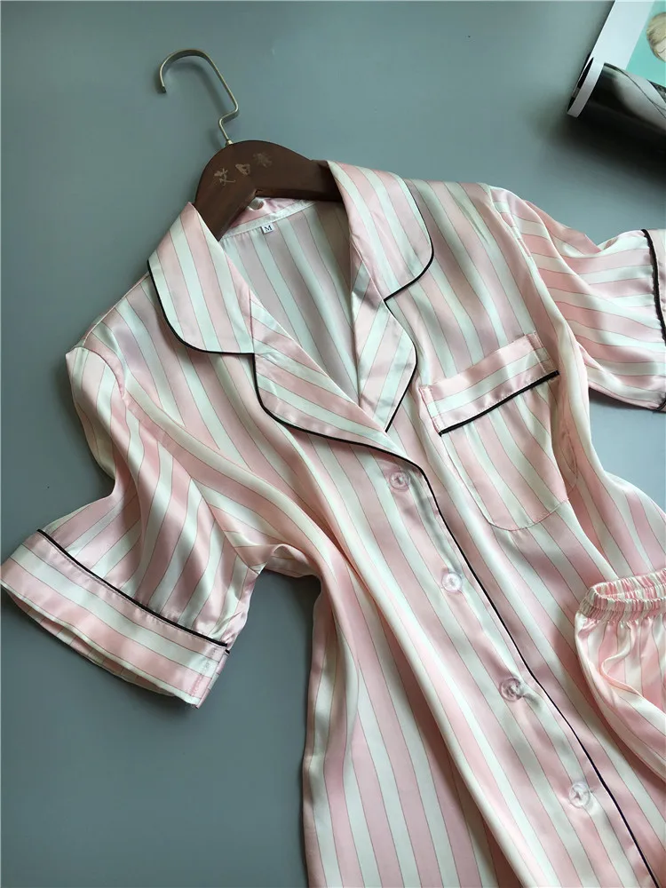 Fdfklak Модные полосатые летние пижамы женские с коротким рукавом пижамный комплект Дамская одежда для сна Домашняя одежда шелковые пижамы костюм