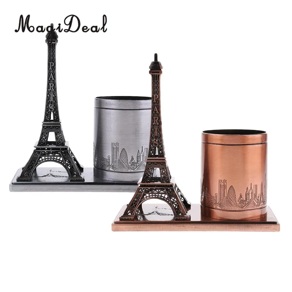 Desktop Organizer Pencil Pen Case Holder Retro Figurines Eiffel Tower Model Metal Crafts Home Decor Miniature Student Gift
