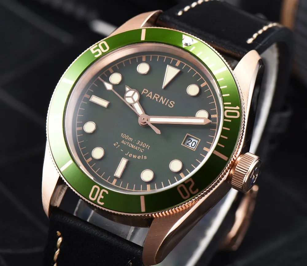 

Luxury 41mmPARNIS Black Dial Rotating Bezel Luminous marks Sapphire Miyota Date Stainless Case Automatic movement men's Watch