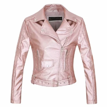 

2018 Women faux leather jacket casaco long sleeve PU coat silver-pink red grey S-XL motorcycle biker jacket drop shipping