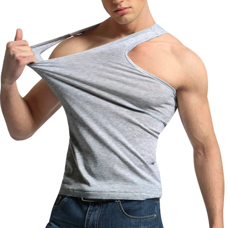 

2019 New FashionMen's Close-fitting Vest Fitness Elastic Casual O-neck Breathable H Type All Cotton Solid Undershirts Male Tanks