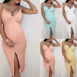 Женское платье для беременных, сексуальное платье на бретельках с v-образным вырезом, без рукавов, с разрезом, однотонное платье на