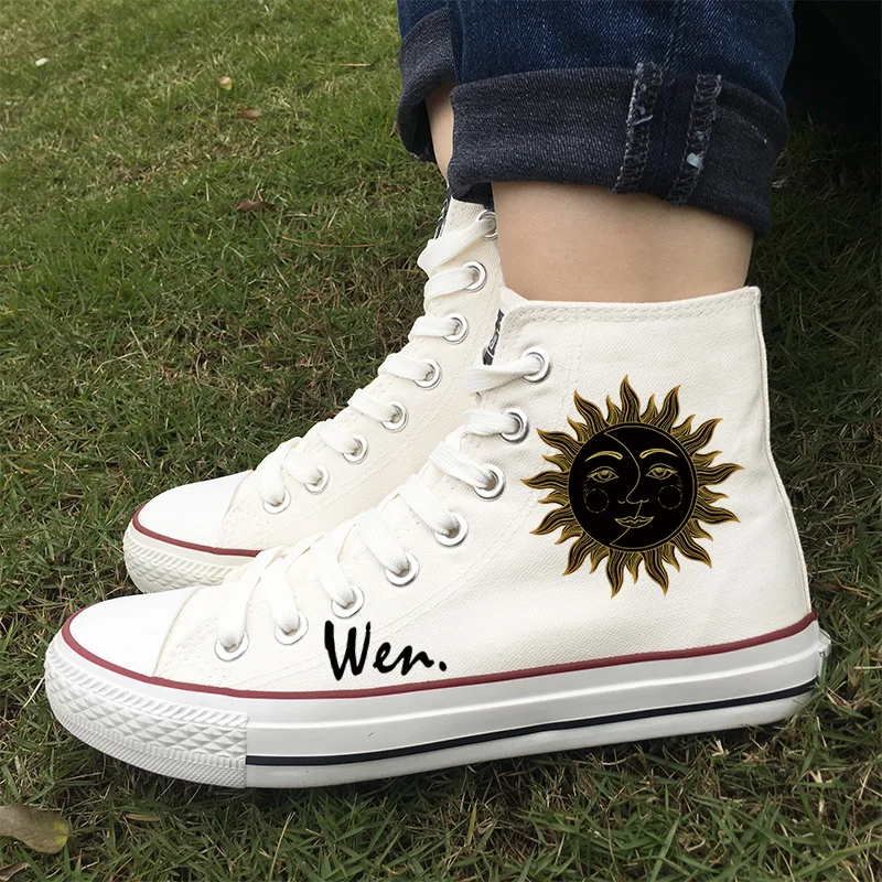 Wen Man Woman's Athletic Canvas Sneakers Original Design Moon Sun Face Black High Top Skateboarding Shoes for Gifts