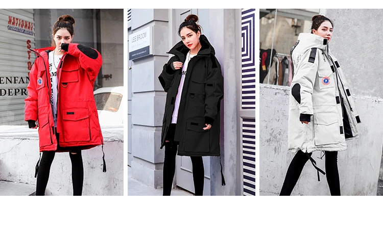 Зимние женские новые толстые теплые парки с капюшоном Женская мода патч дизайн длинный рукав куртка высокое качество плюс размер пальто Z988