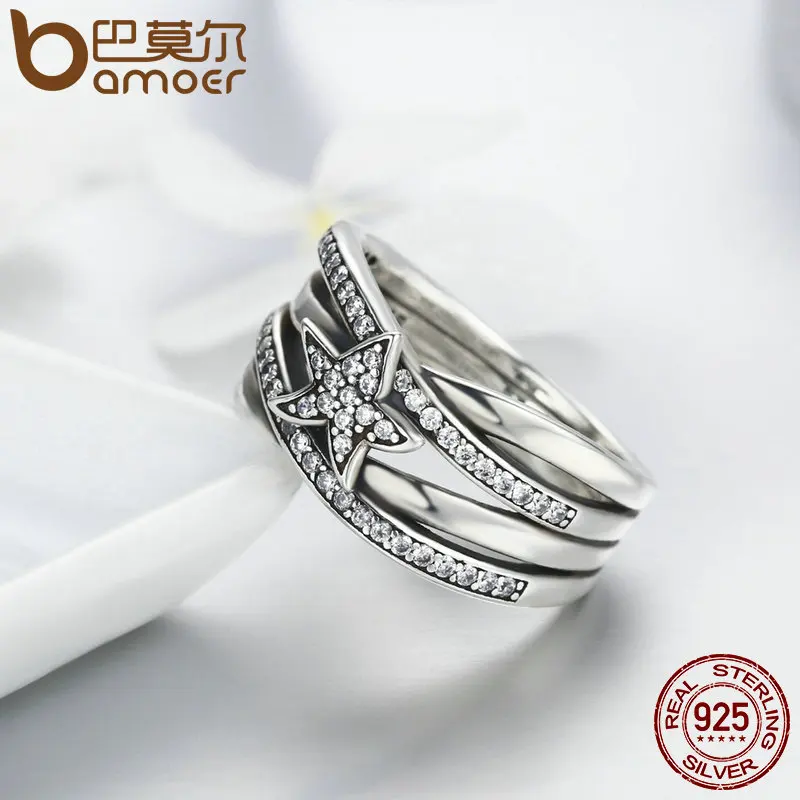 BAMOER Spring Collection 925 Sterling Silver Star Twisted Statement Ring For Women Engagement S925 Silver Jewelry SCR050