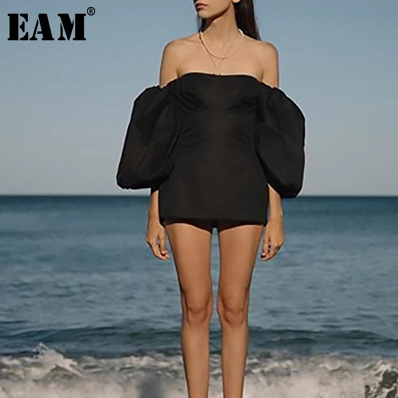 

[EAM] 2019 New Spring Summer Slash Neck Three Quarter Lantern Sleeve White Loose Three-dimensional Dress Women Fashion JT762