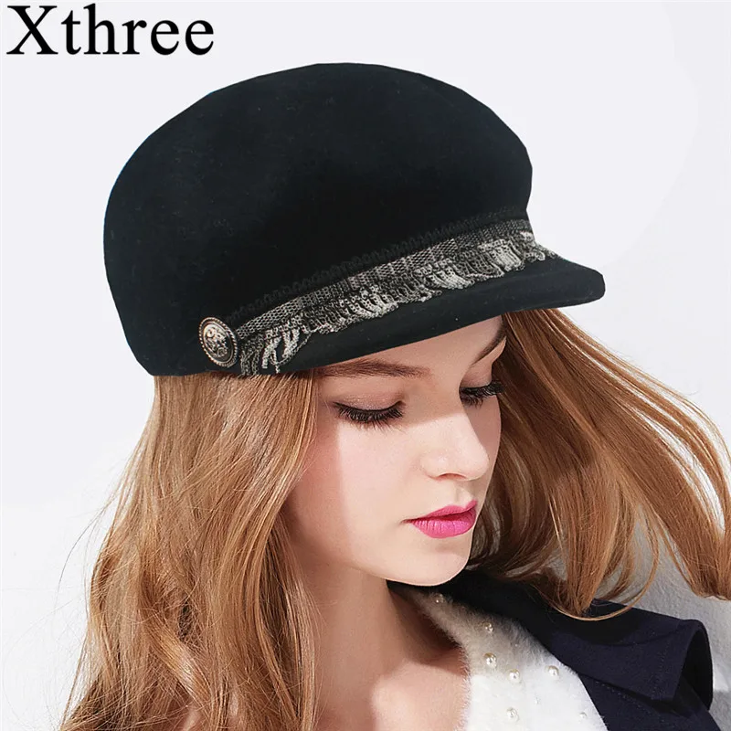 Skup Xthree Zima Kobiety Wełna Gazeciarz Czapki Moda Czarny Jednolity Kolor Ośmioboczna Kapelusze Z Łańcuchy Kobiet Berety Gorras
