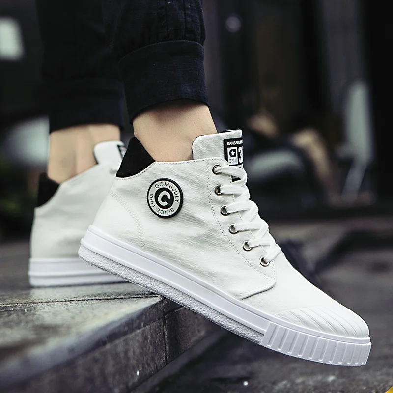 Fashion Canvas Shoes Men Flats Lace-up Casual Shoes Men Sneakers Summer 2019 High Top Platform Sneakers Breathable Black Shoes