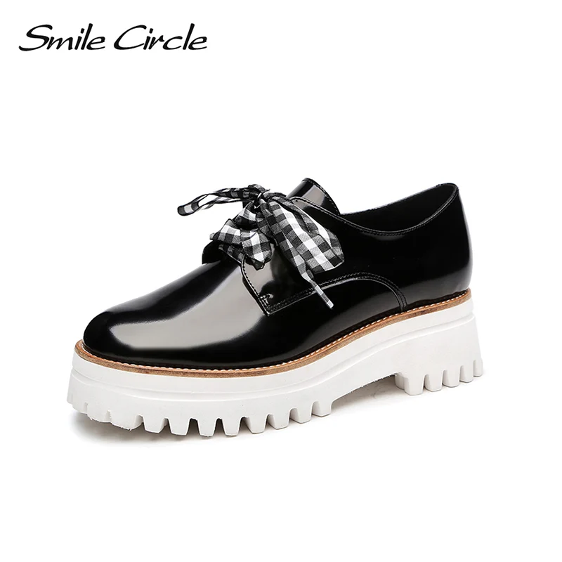 

Smile Circle British Style Patent Leather Shoes For Women Fashion Lace-up Round Toe Flat Platform Casual Shoes A98A309-1