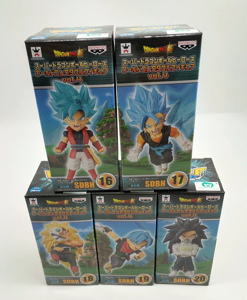 

5Pcs/Set Original BANPRESTO Dragon Ball Z Heroes WCF Blue God Goku Vegetto Trunks Bardock Figure Brinquedos Toys Figurals