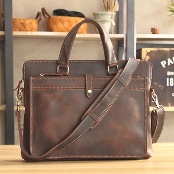 

Vintage Fashion Brand Designer Crazy Horse Leather Men Handbags 14" Laptop Shoulder Bag Genuine Leather Casual Men Briefcase