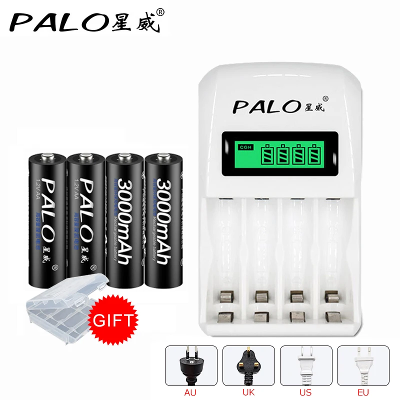 

PALO C907W With 4 Slots Intelligent LCD Display Battery Charger For AA AAA NiCd NiMh with 4*3000mAh AA Rechargeable Batteries