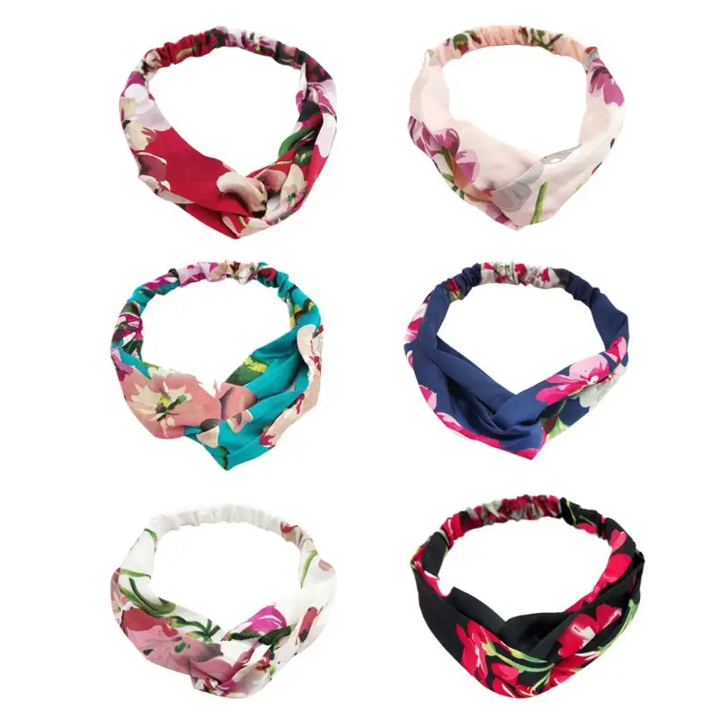 

Korean Bohemian Women Girls Summer Hairband Vintage Colored Floral Print Headband Cross Twisted Knotted Bandage Turban Headwrap