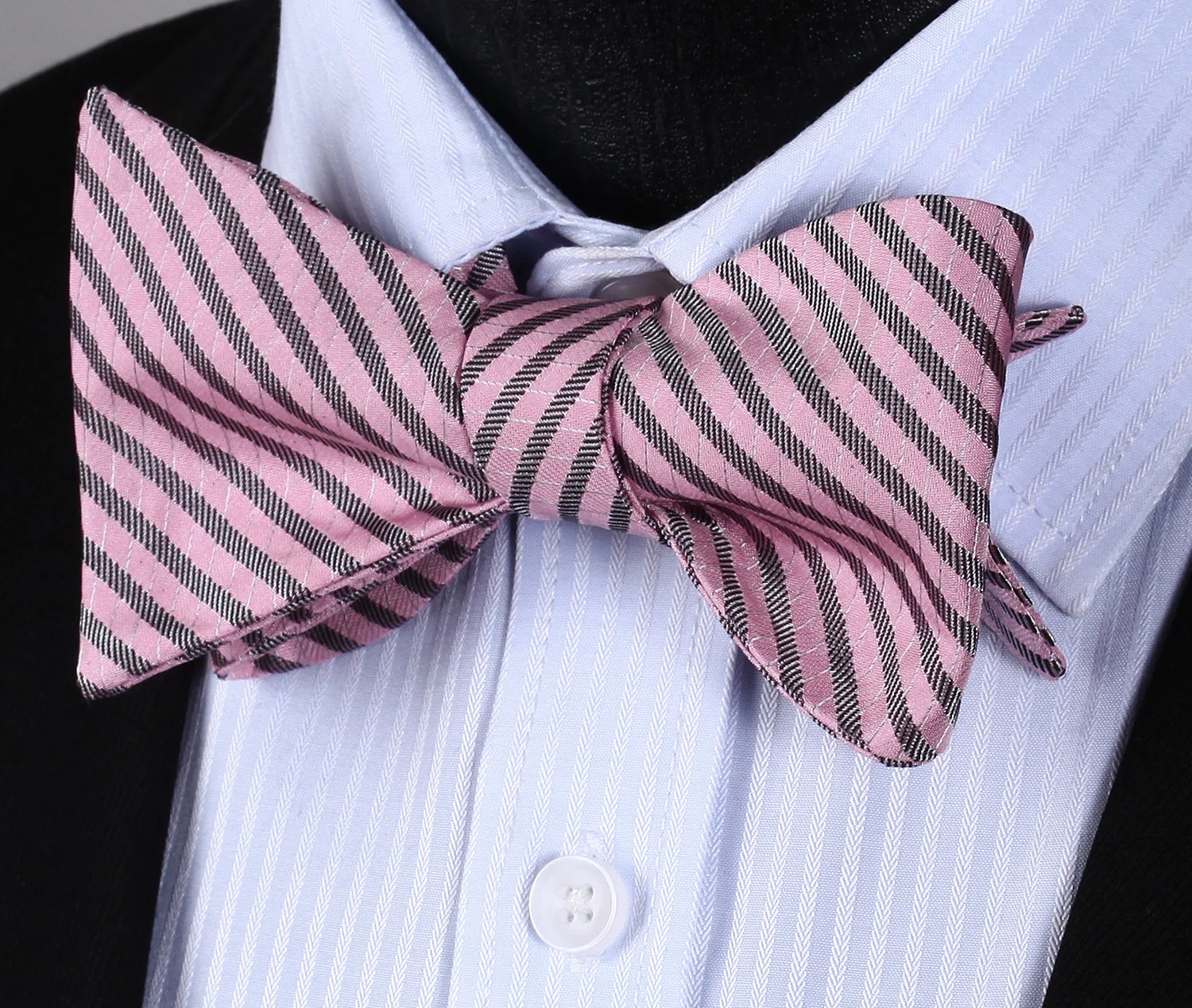  BS602KS Pink Gray Stripe Bowtie Men Silk Self Bow Tie handkerchief set Wedding Party Pocket Square 