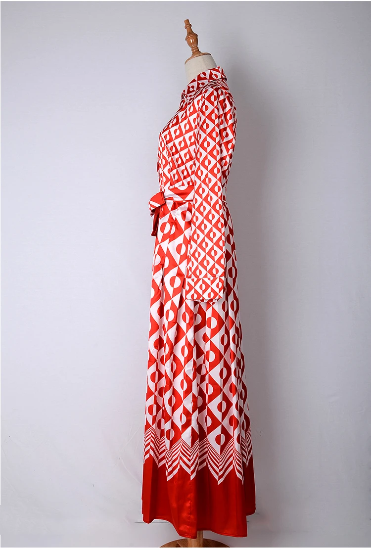 Европейский Американский женский элегантный стиль бант воротник Подиум Тонкий красный геометрический принт размера плюс S-3XL милое платье Высокое качество