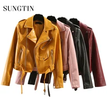 Sungtin, Брендовая женская куртка из искусственной кожи, 5 цветов, плюс размер, новая модная короткая байкерская куртка из искусственной кожи с поясом, крутая верхняя одежда для женщин