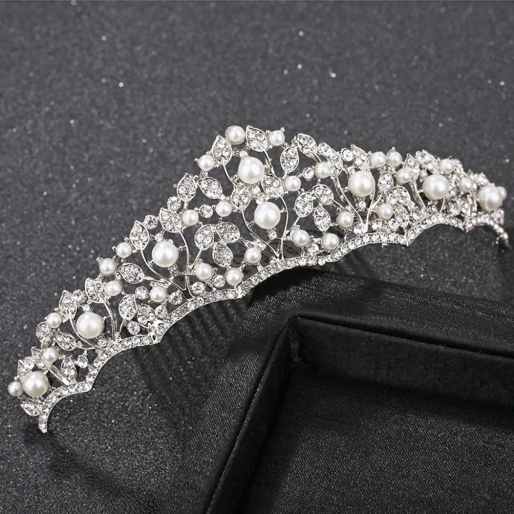 

Pearl Crown Bride Wedding Tiara Rhinestone Hair Comb Bridal Women Jewelry Luxury