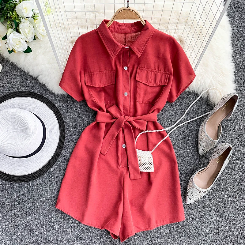 

2019 new fashion women's rompers Simple single-breasted collar short sleeve pocket loose thin strap piece jumpsuits