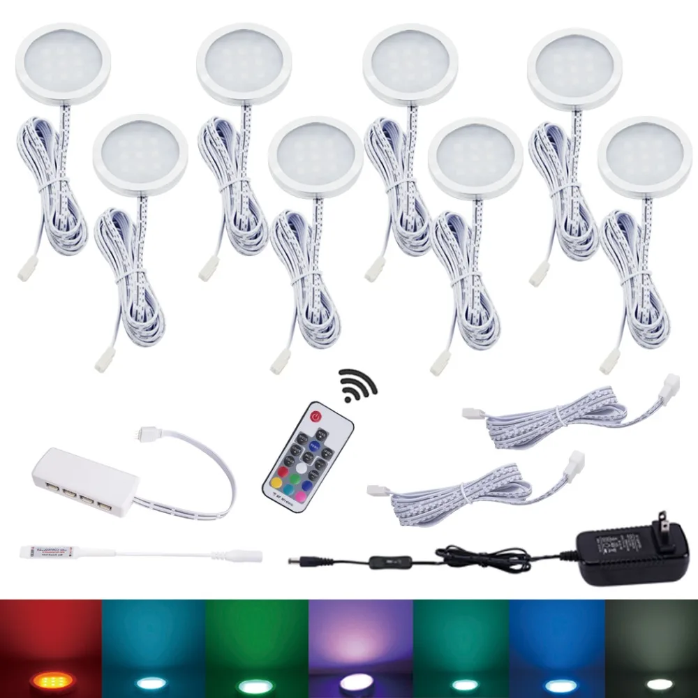  Aiboo 8 RGB Color Changing LED Under Cabinet Lighting Puck Lights Wireless Dimming for Kitchen Coun - 32744352151