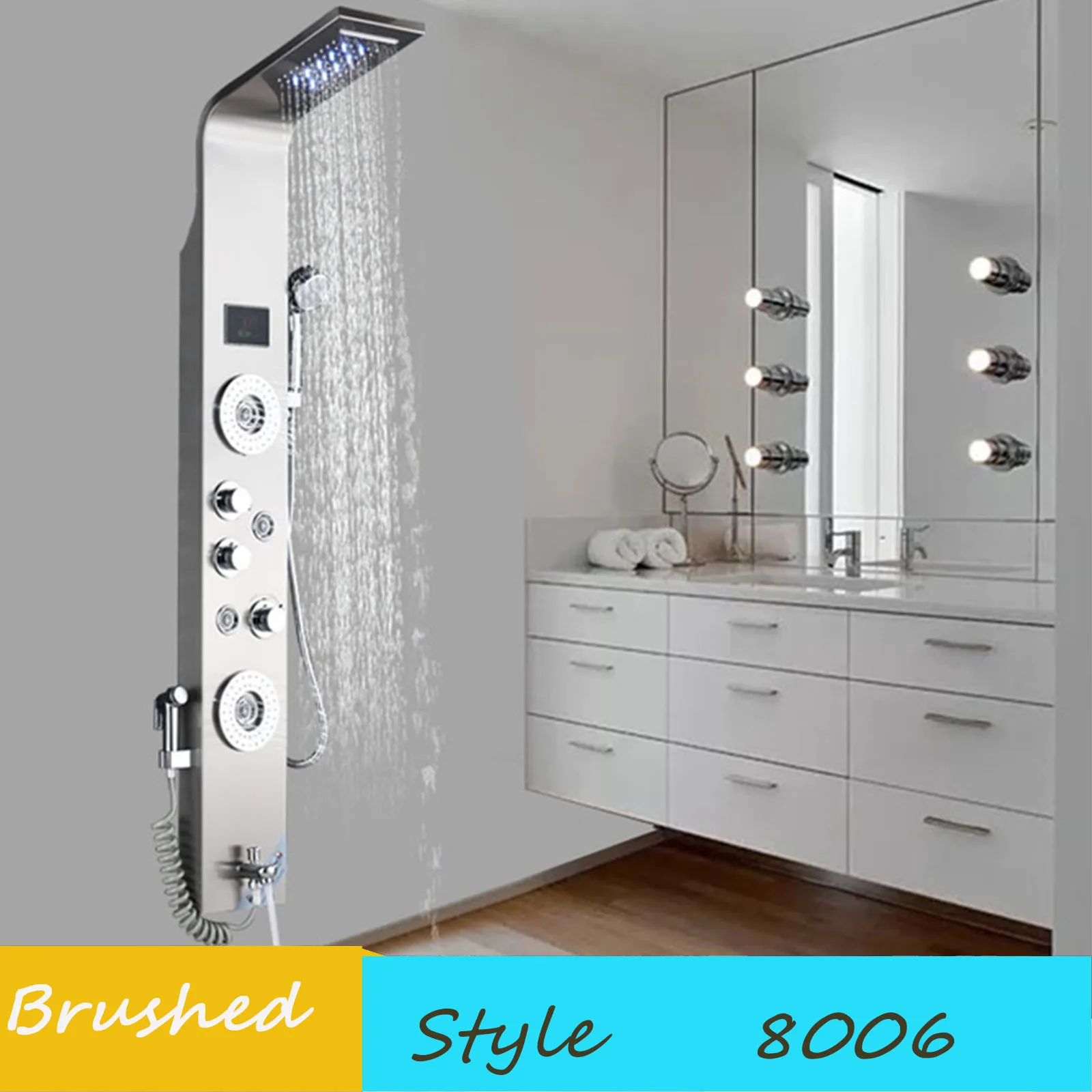 Brushed 8006 SHBSHAIMY Mlticolored дождь водопад светодиодный душ панель настенный с биде спарер и цифровой дисплей горячей и холодной смесители - Цвет: Brushed 8006