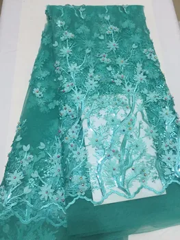 

2018 French Lace Fabrics Green 3 D Flowers High Quality African Net Lace With Beads Nigeria Tulle Mesh Wedding Party Dress