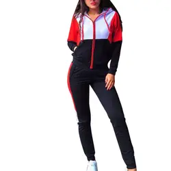 Модный женский Повседневный пуловер на молнии с длинными рукавами, спортивный топ с капюшоном + длинные штаны, комплект из двух предметов