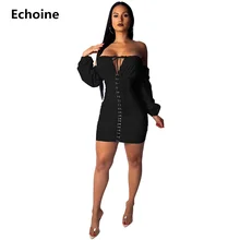 Women Sexy Off Shoulder Mini Dress Slash Lace Up Party Dresses Slim Bodycon Evening Black Dress Vestidos Backless Club Outfit black one shoulder backless lace up details sweater dress