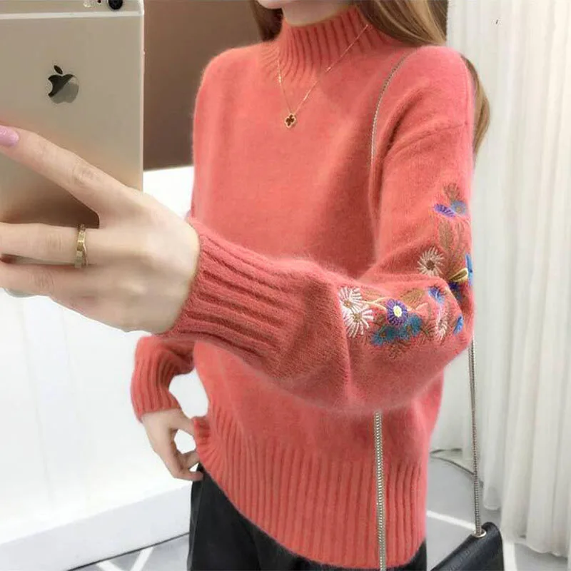 

Fanco women thin embroidered turtleneck sweater long-sleeved sweater pullover casual round neck