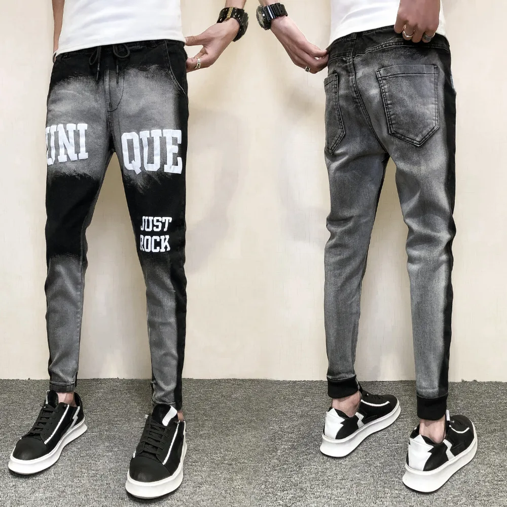 quality men slim fit jeans spring 2019 all match denim pants men streetwear letter jeans men casual hip hop trousers men