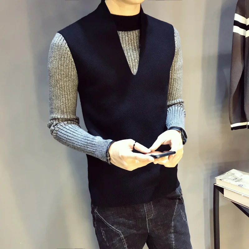 2018 autumn and winter new sweater male Korean version of the trend of stitching sweater handsome 3